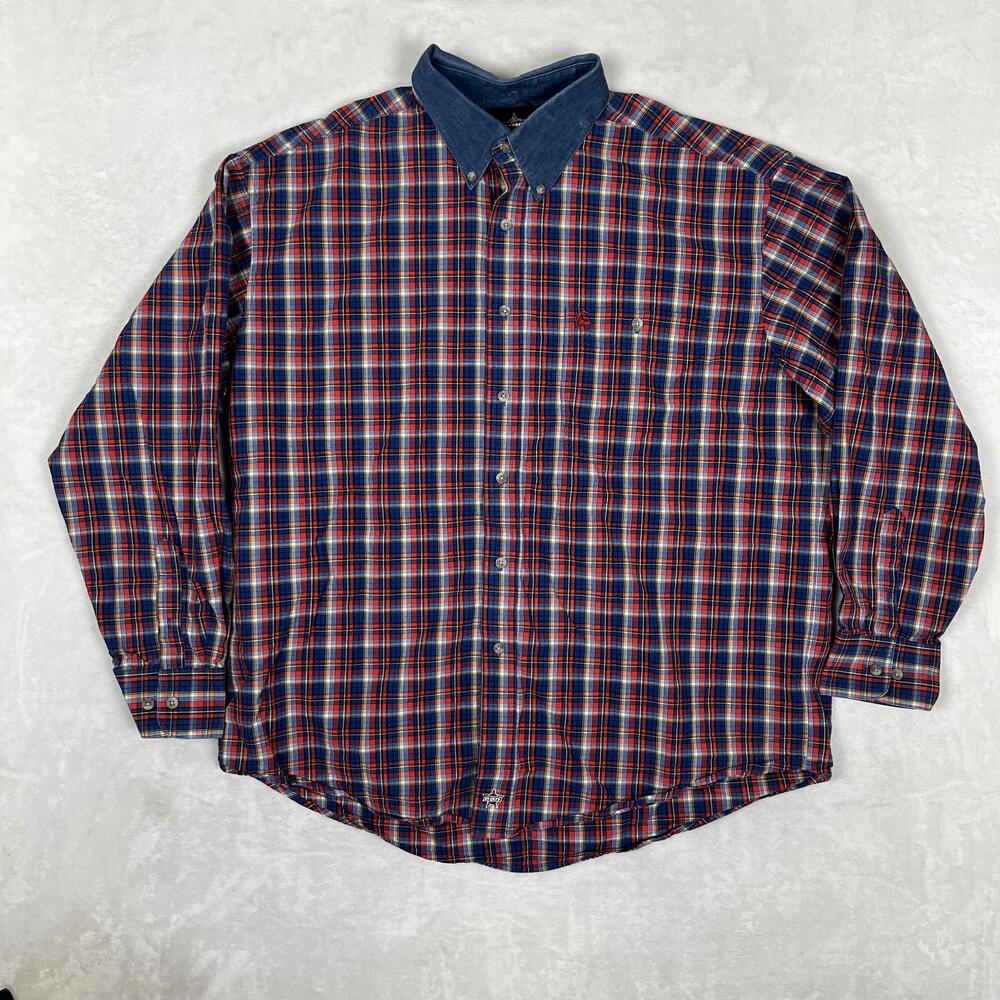 PBR Shirt Mens Large Plaid Long Sleeve Button Front Denim Collar Western Rodeo